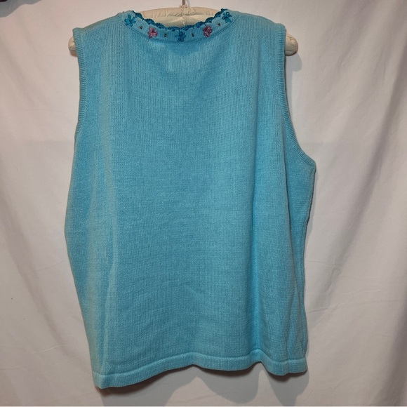Storybook Knits Vintage Flower Sleeveless Sweater- Turquoise- Size 2X - Picture 2 of 10
